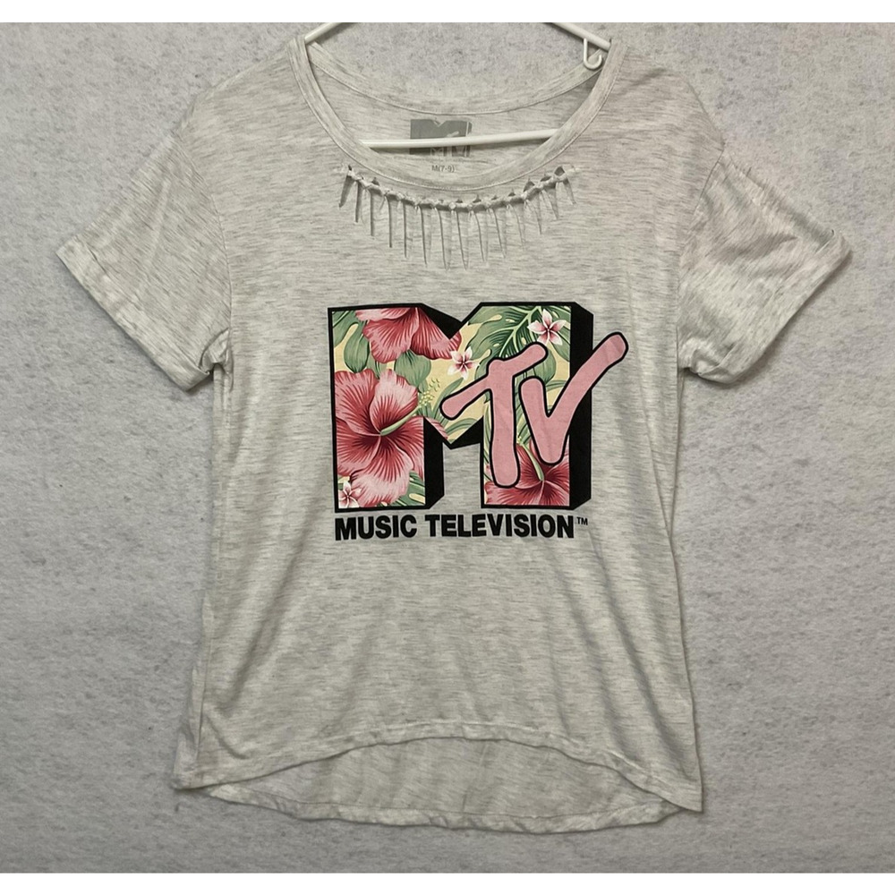 MTV Music Shirt Girls‎ M Gray Floral Logo Cutout Scoop Neck Graphic Tee